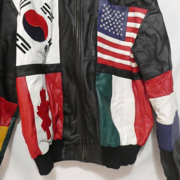 Vintage | Men’s Black Leather International Flag Bomber Jacket | xxl - Picture 7 of 14